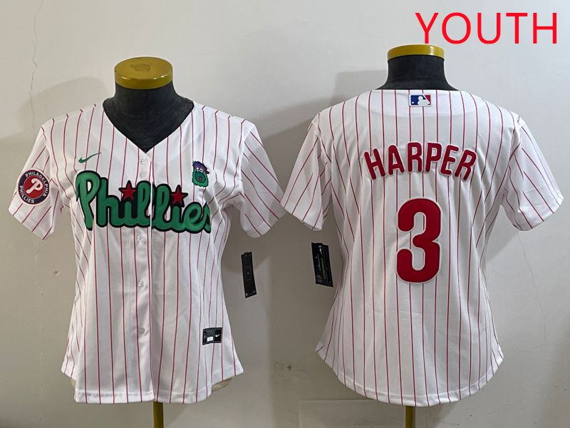 Youth Philadelphia Phillies #3 Harper White Stripe Second generation joint name 2025 Nike MLB Jersey style 5